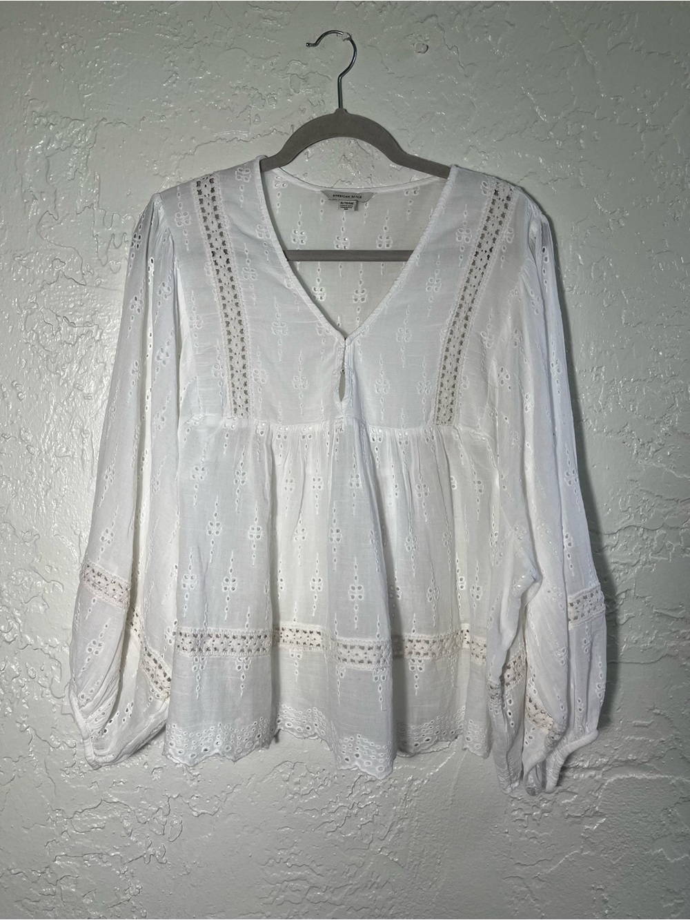 American Eagle White Eyelet Lace Peasant Boho Blouse XL
